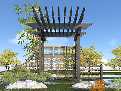 3d中式景观廊架模型