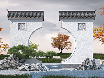 3d中式景墙月洞门模型