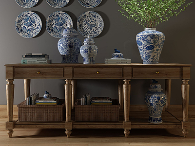 中式端景台陶瓷陈设品组合模型3d模型