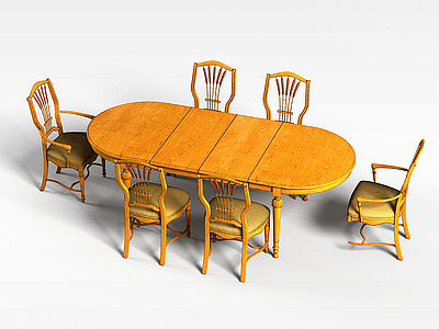 3d实木餐桌组合模型