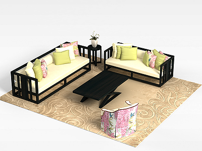 3d实木布艺桌椅组合模型