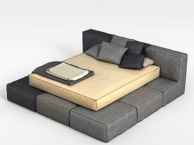 3d灰色布艺床沙发模型