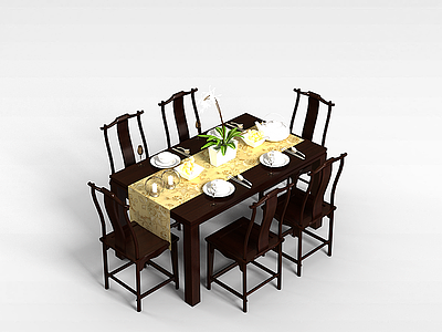 3d中式6人餐桌椅模型