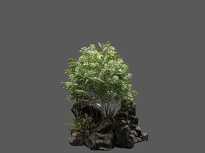 新中式石头竹子植物组合模型