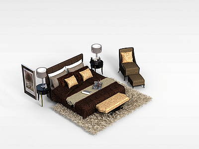 3d毛发地毯双人床模型