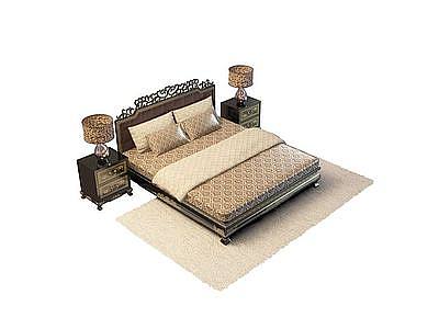 3d中式实木雕花双人床免费模型