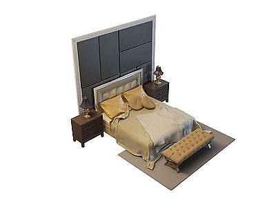 3d简单欧式床头背景双人床免费模型