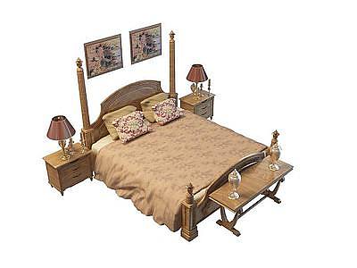 3d实木古典双人床免费模型