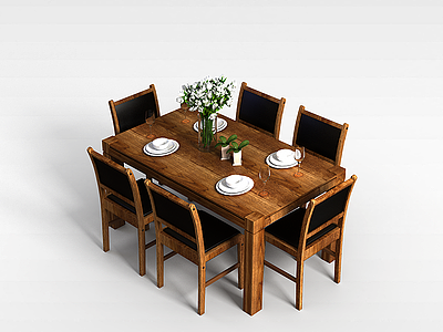 3d现代实木桌椅组合模型