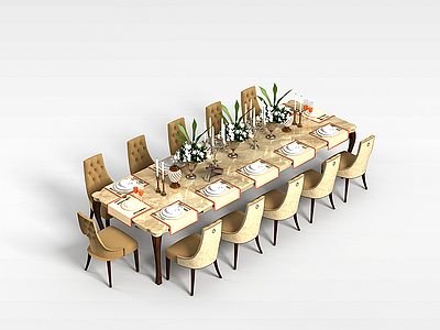 聚餐桌椅组合模型3d模型