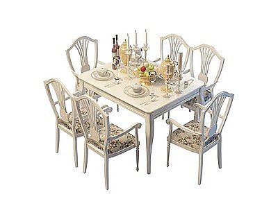 欧式白木餐桌椅组合模型3d模型