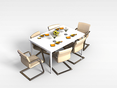 3d白色桌椅组合模型