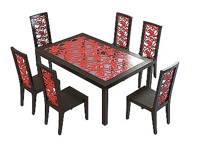 中式雕花餐桌椅模型
