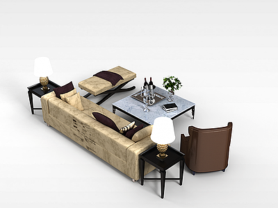 现代客厅沙发茶几模型