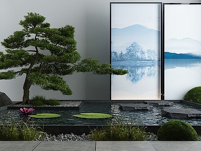 3d新中式松树水池景观模型