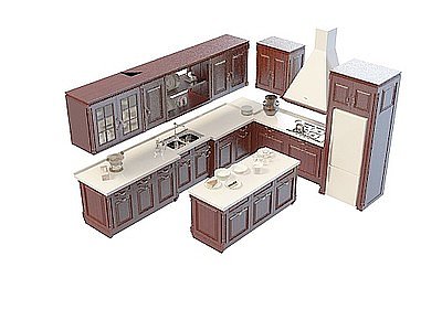 3d实木厨房橱柜模型