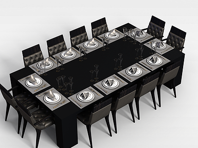 3d长形黑色餐桌椅模型