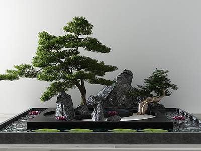 中式松树石头水景模型3d模型