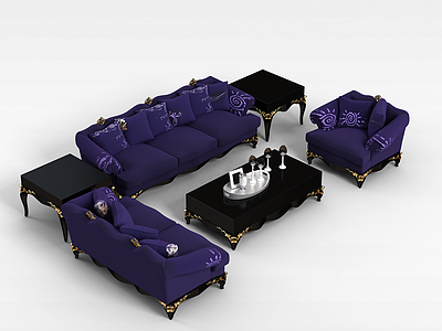 3d紫色沙发茶几组合模型
