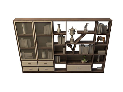 3d实木玻璃门书柜模型