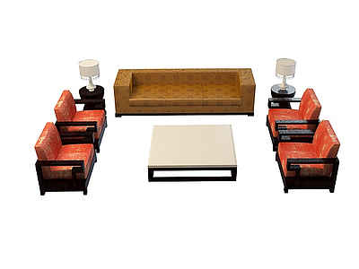 3d中式沙发茶几组合模型