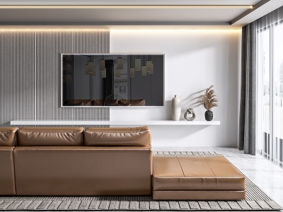 3d现代客厅皮革沙发电视背景模型