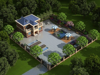3d欧式别墅庭院景观模型