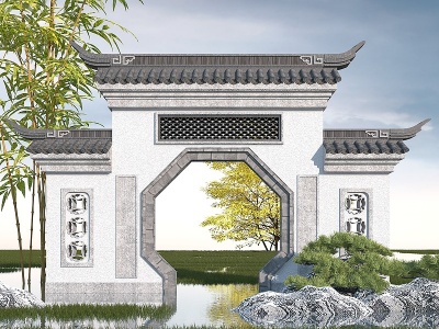 3d中式园林景观大门模型