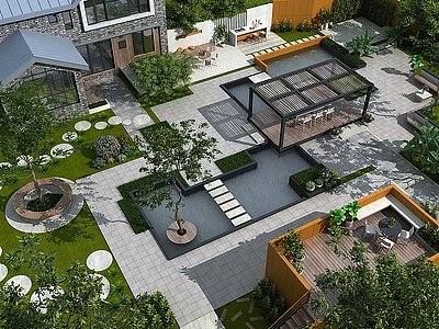 3d现代庭院花园鸟瞰模型