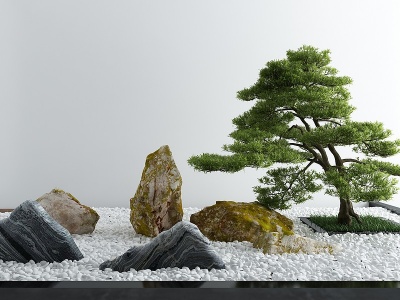 3d新中式石头松树景观小品模型
