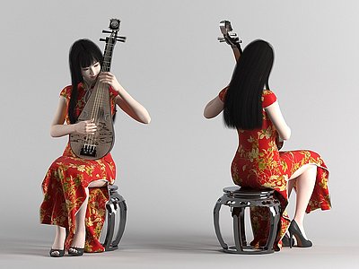弹奏琵琶的美女模特3d模型