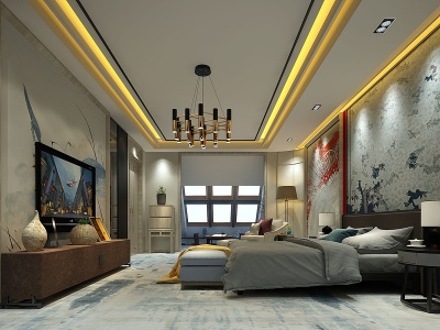 3d新中式风格酒店客房模型