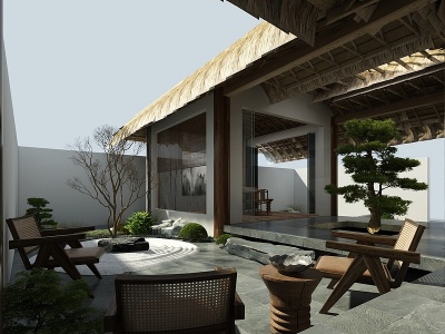 3d自然风民宿庭院模型