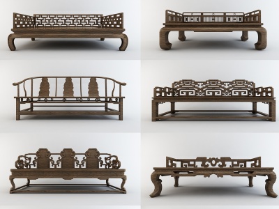 3d中式罗汉镂空雕花实木沙发模型