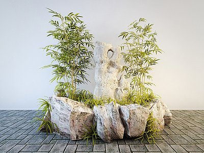 3d中式假山石头竹子景观小品模型