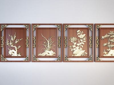 3d中式梅兰竹菊浮雕挂画墙饰模型
