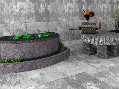老物件石磨水槽猪槽水缸模型3d模型