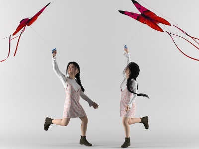 小女孩放风筝模型