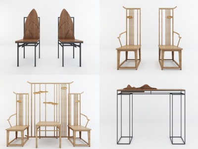 3d新中式禅意创意桌椅组合模型