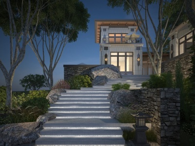 3d新中式别墅景观模型