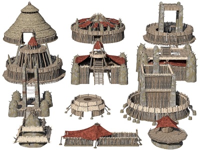 3d古代原始村落茅草屋模型