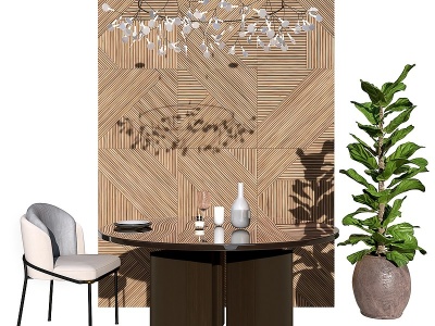 3d餐桌椅吊灯木板装饰墙背景模型