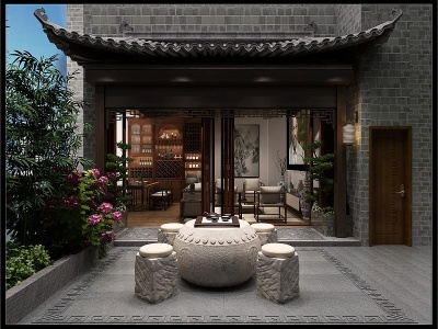 3d新中式阳台花园模型
