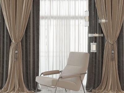 3d高级灰单人沙发椅布艺窗帘模型