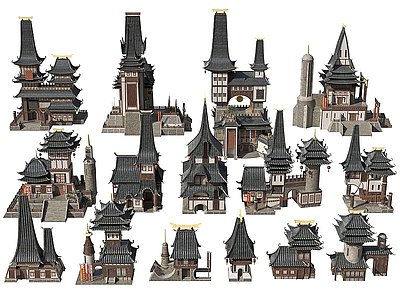 3d中式古建神庙建筑楼房模型