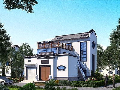 3d新中式别墅外观模型