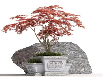 3d中式石雕花盆模型