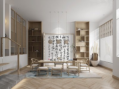 3d新中式客厅茶室模型