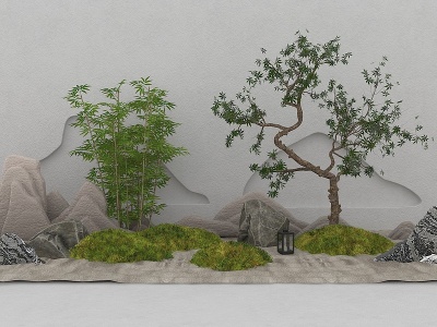 3d新中式枯山水竹子景观小品模型