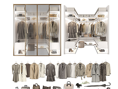 3d现代轻奢玻璃门衣柜衣服模型